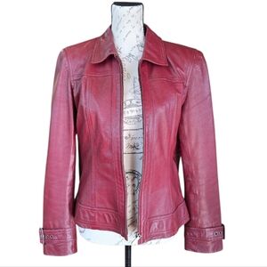 Tribal Deep Red Leather Moto Inspired Zip Up Jacket 8